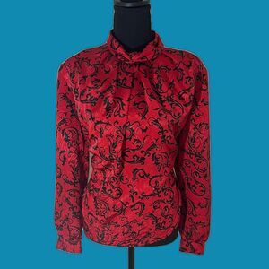 Vintage 80s Pyke Limited Red & Black Damask Flourish Print Blouse Sz.14